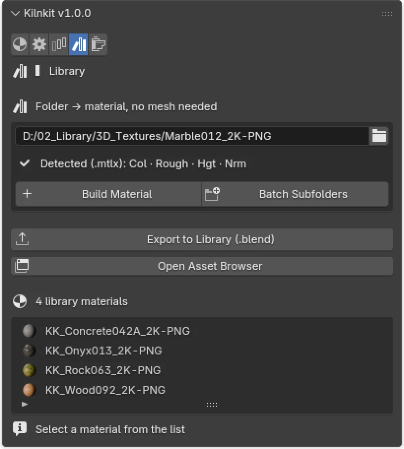 Kilnkit's library panel with four staged materials and their previews