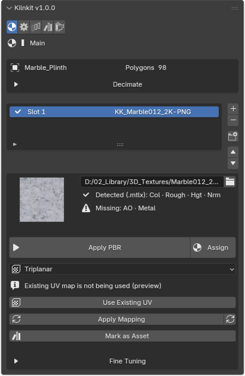 Kilnkit's main panel: a slot pointed at a texture folder, the detected channels, the mapping dropdown and the UV status line