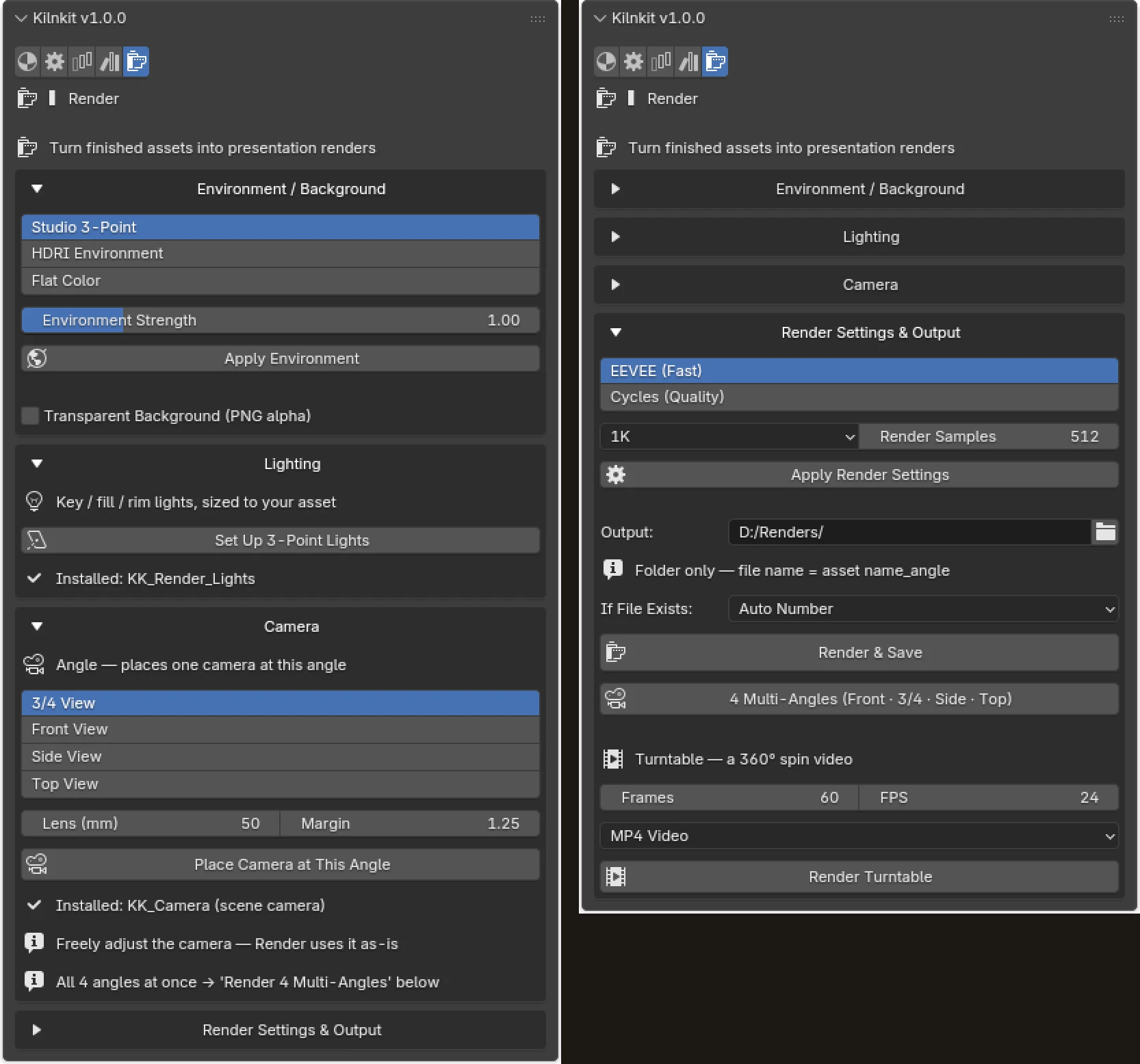 Kilnkit's render tab: environment, lighting, camera, render settings, output and turntable